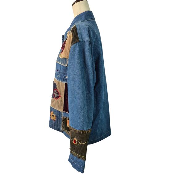 New Directions Blue Brown Denim Patchwork Fall Theme Embellishes Shirt Shacket M - Picture 2 of 3